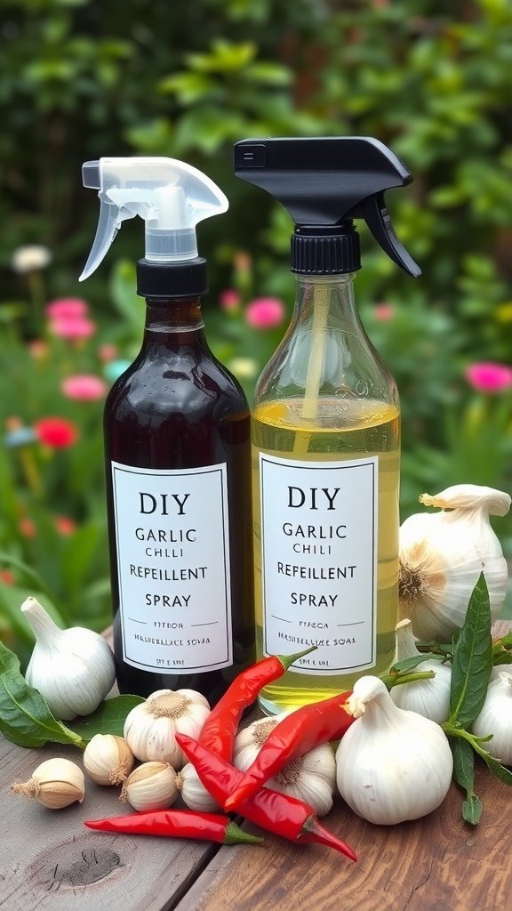 Bottles of garlic pest repellent spray surrounded by garlic bulbs and red chilies on a wooden surface.