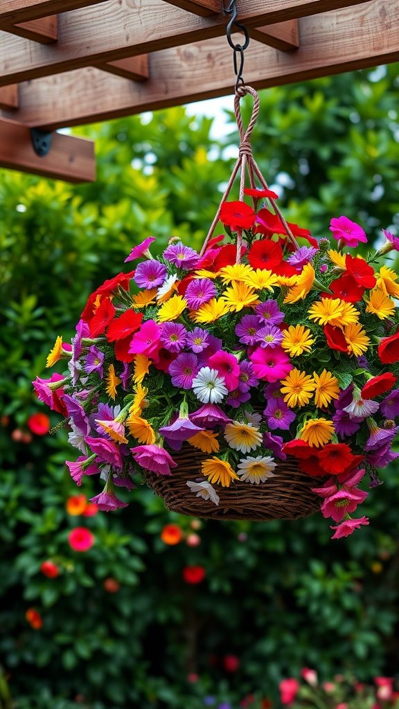 Colorful flower-filled hanging basket with red, yellow, pink, and purple flowers, hanging from a wooden structure.