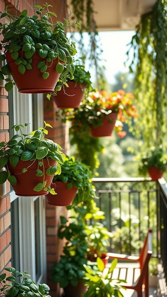 A charming balcony with hanging baskets filled with green herbs, showcasing a vibrant and inviting space.