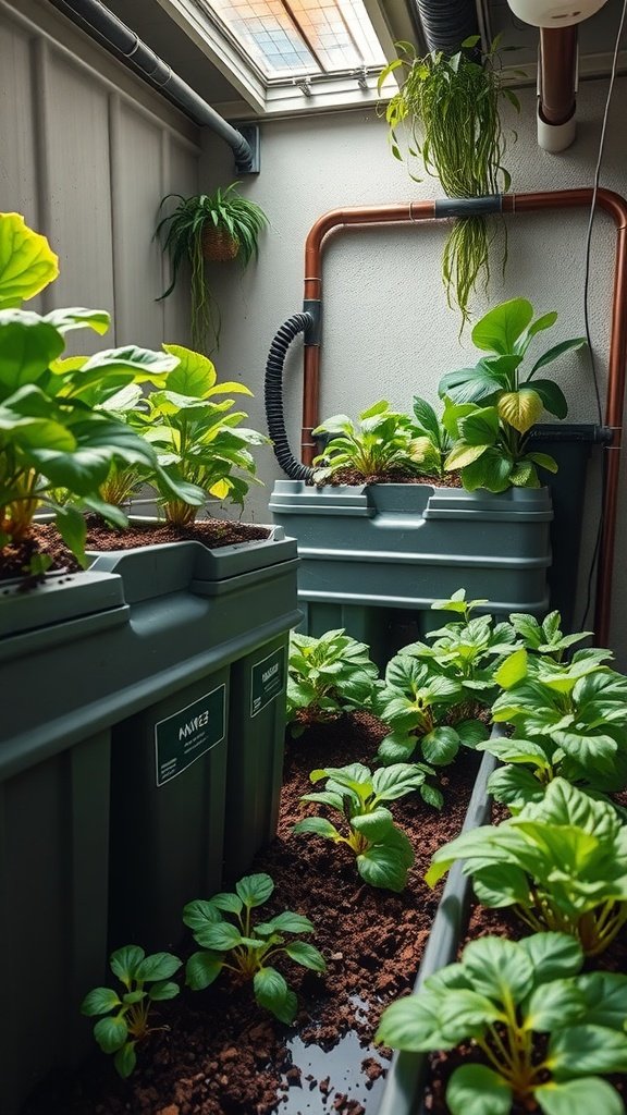 A well-organized hydroponic garden with healthy plants growing in containers filled with rich soil.