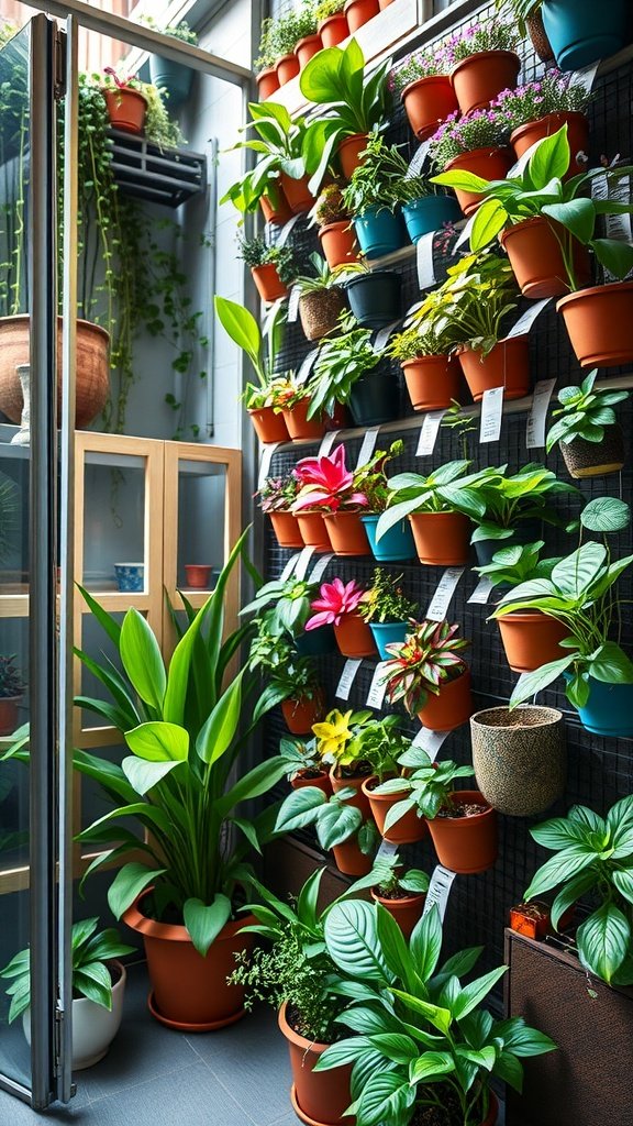 A vibrant living wall with various potted plants in colorful pots, showcasing a vertical gardening setup.