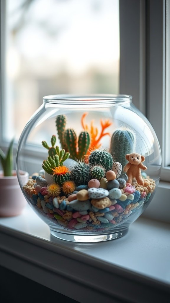 A vibrant mini cactus terrarium displayed inside a fishbowl on a windowsill.