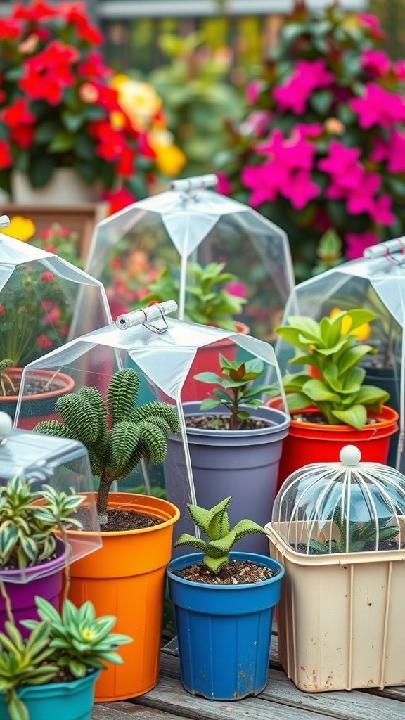 Colorful plant containers covered with clear plastic, creating a mini greenhouse effect.