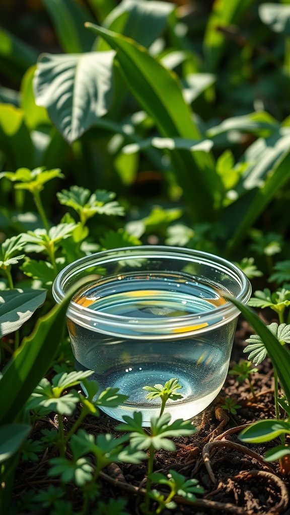 A clear cup filled with water placed among green plants, representing a natural insect trap.