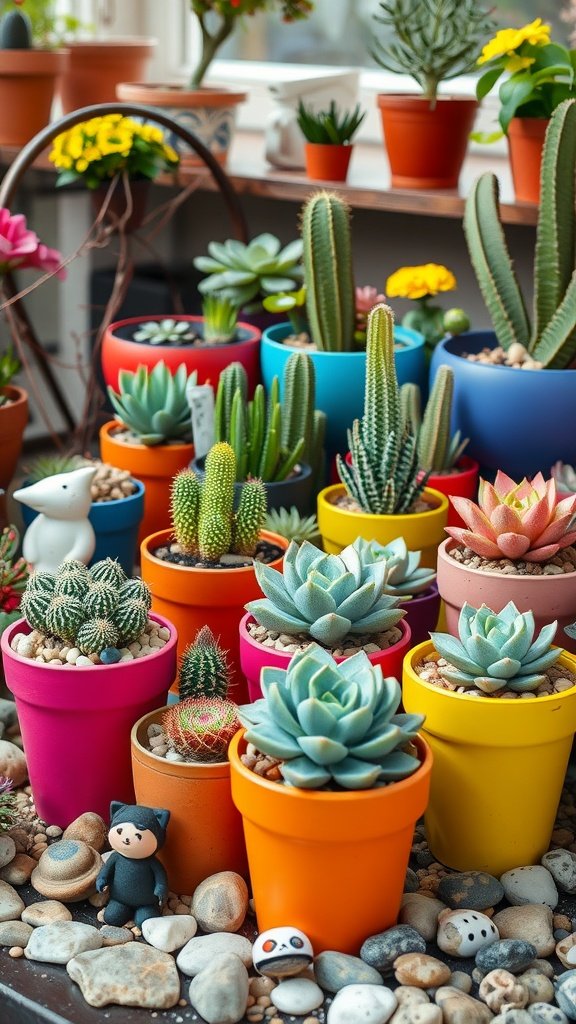 Colorful pots filled with various succulents and small decorative figures.