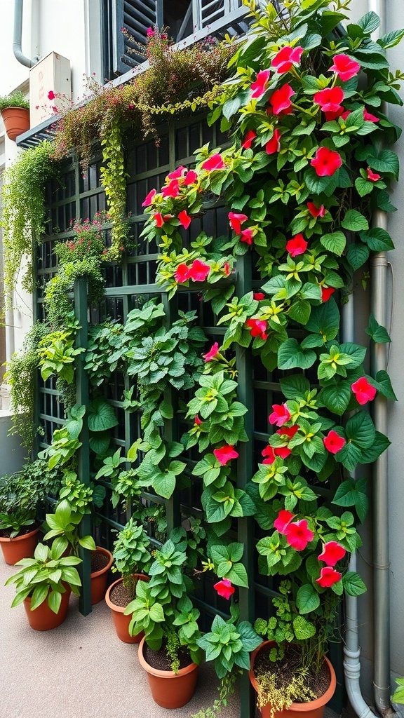 A vertical garden with a trellis supporting climbing plants and potted plants at the base.