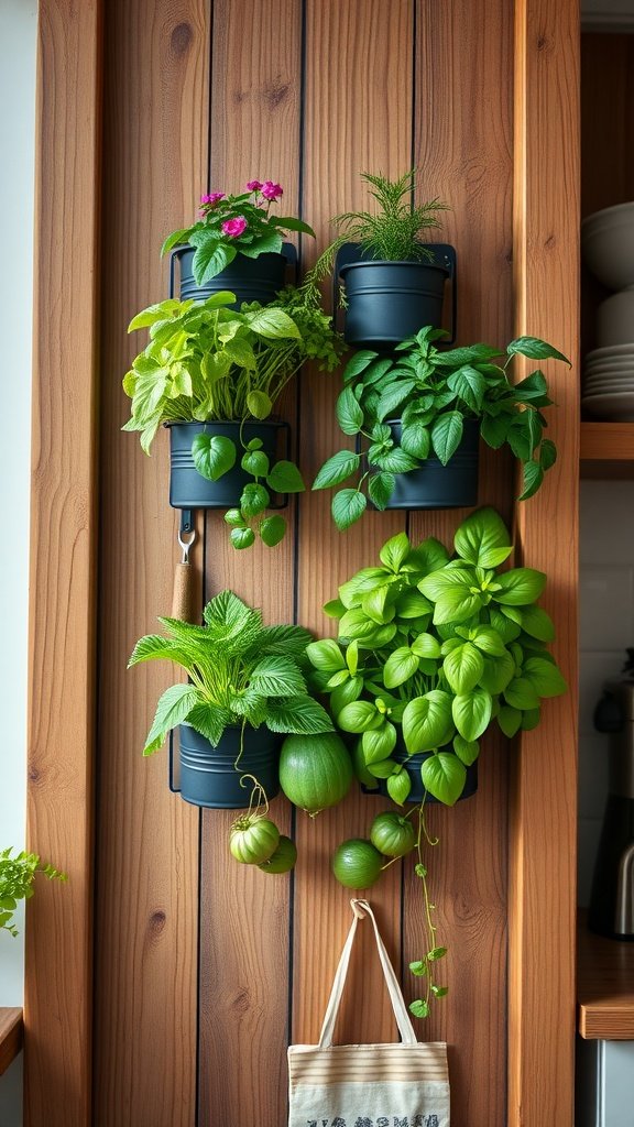 A vertical herb garden displayed on a wooden wall with various green plants in black wall-mounted pots.