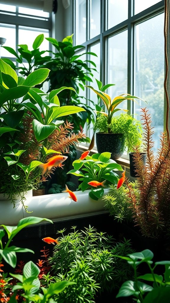 Indoor aquaponic garden with plants and fish.