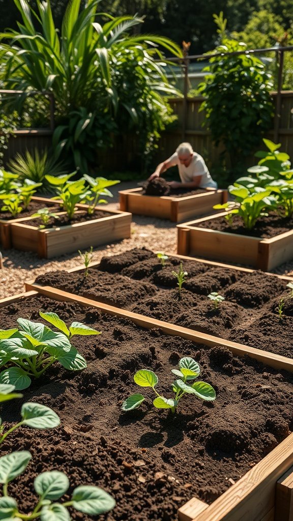 A gardener working on raised vegetable beds filled with soil and young plants