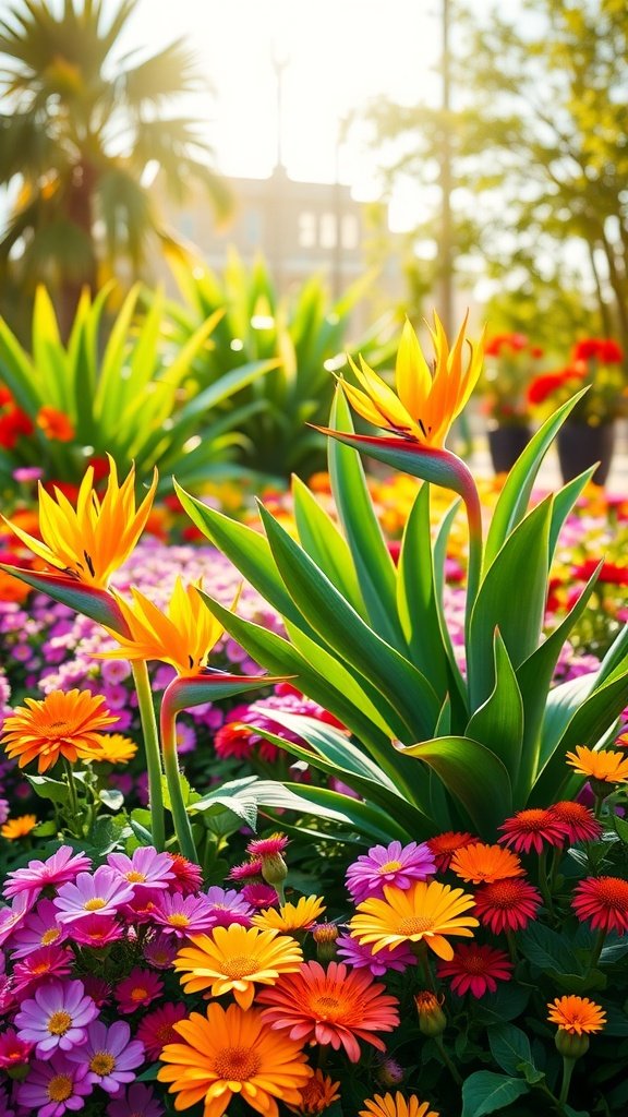 A garden layout featuring vibrant Bird of Paradise plants surrounded by colorful flowering borders.