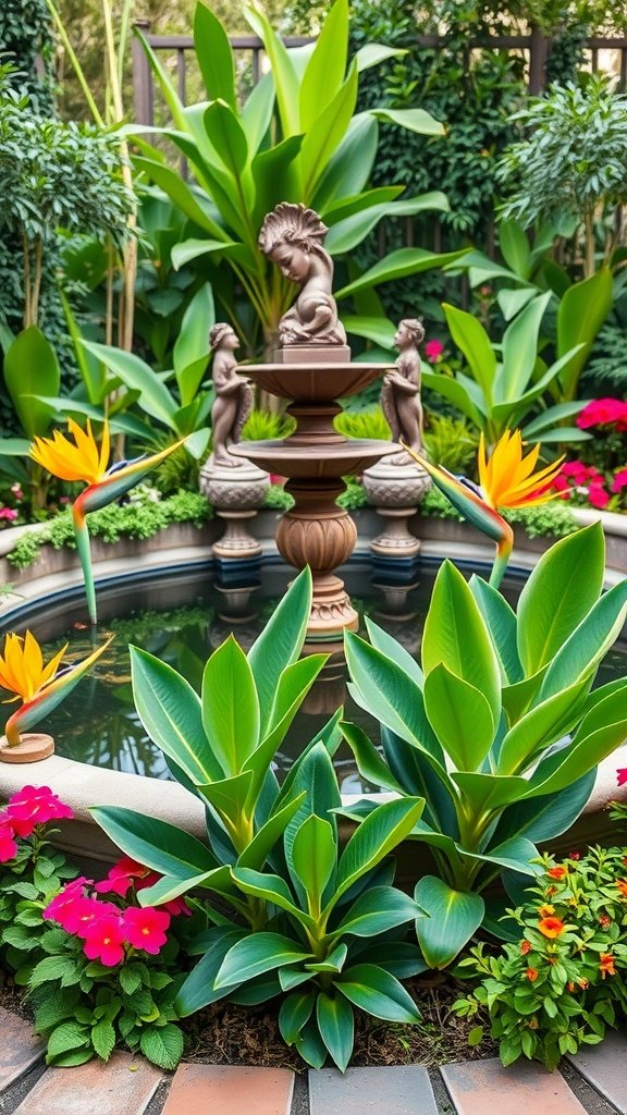 Garden featuring Bird of Paradise plants, vibrant flowers, and a central fountain with sculptures.