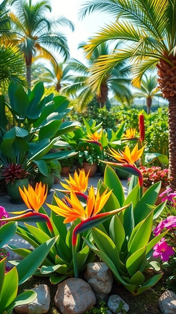 Vibrant Bird of Paradise plants in a tropical garden layout with palm trees and colorful flowers.