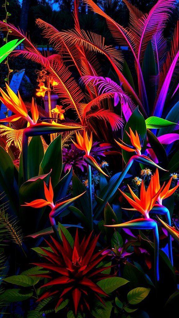 Colorful Bird of Paradise plants illuminated with various lighting effects