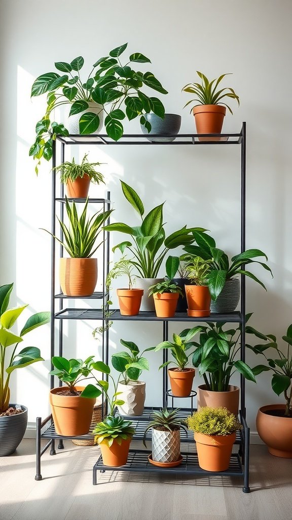 A metal plant stand with multiple tiers displaying various potted plants in an indoor setting.