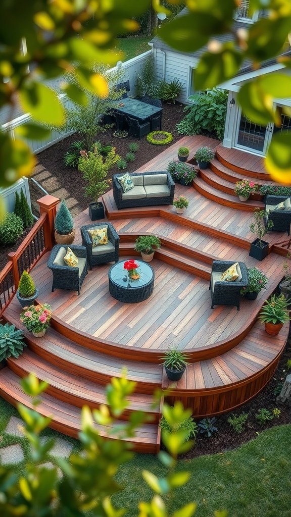 A stunning tiered deck design in a sloped yard, featuring comfortable seating and lush greenery.