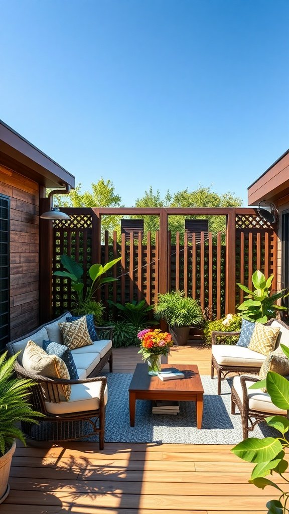 A cozy deck with lattice privacy screens, comfortable seating, and decorative plants.