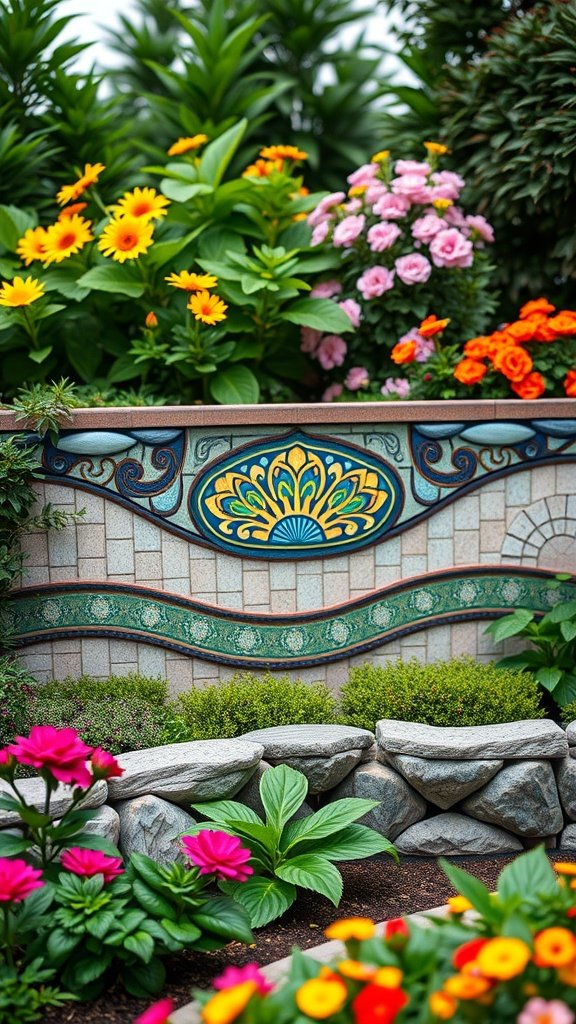 A colorful mosaic retaining wall surrounded by vibrant flowers in a lush garden.