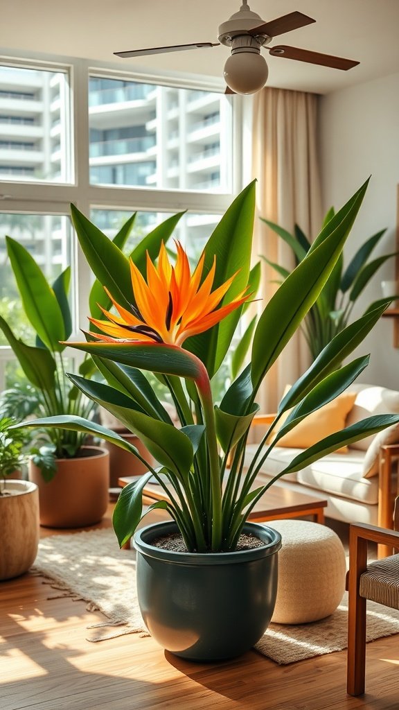 A modern living room featuring a Bird of Paradise plant with vibrant orange flowers and large green leaves.