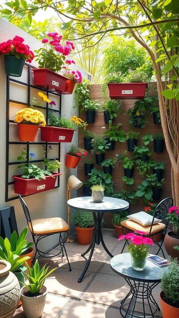 A small patio garden featuring vertical planters filled with colorful flowers, a round table with chairs, and lush greenery.