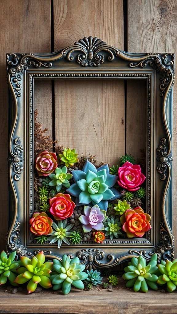 An ornate picture frame filled with colorful succulents against a wooden background