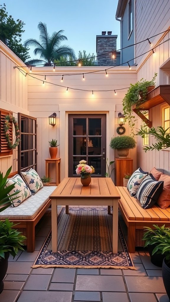 Cozy patio with wooden table, striped cushions, and potted plants.