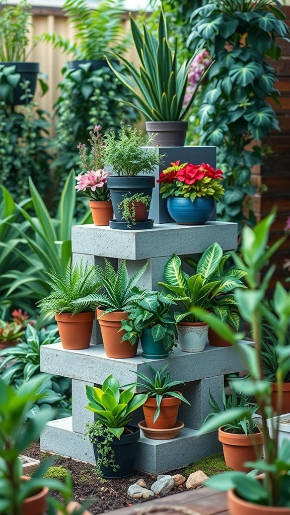 A DIY cinder block plant stand displaying various potted plants in a lush outdoor garden area.