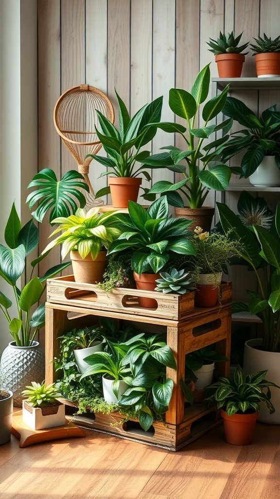 A stylish DIY wooden crate plant stand filled with various indoor plants.