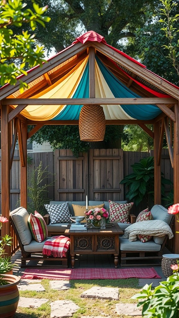 A colorful gazebo with a fabric canopy, cozy seating, and a wooden deck surrounded by greenery.