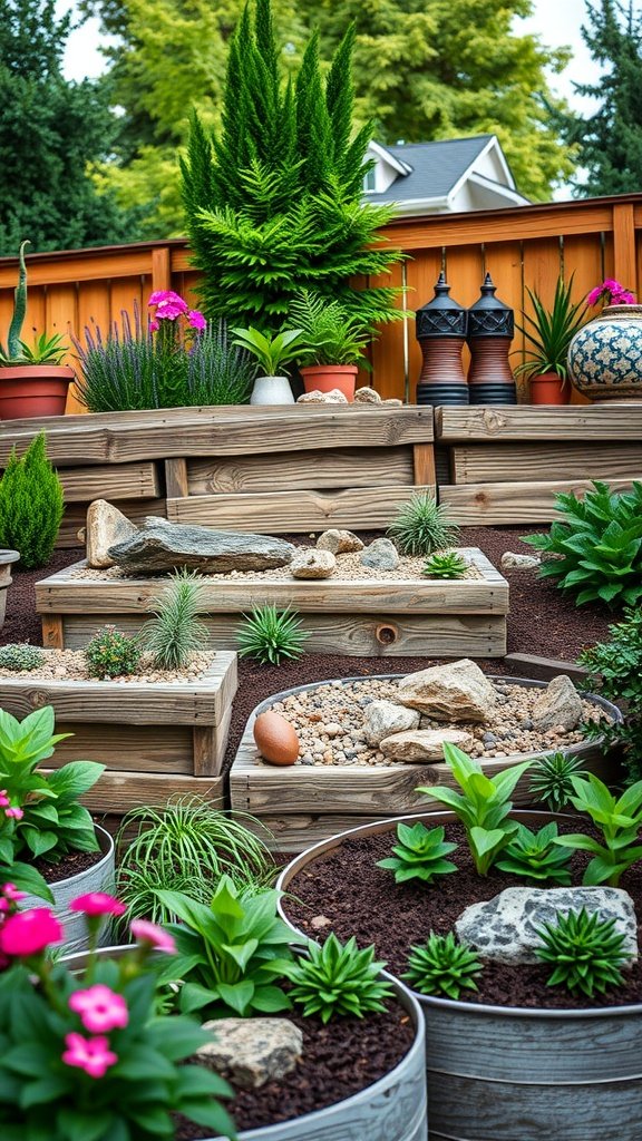 Beautiful garden with railroad ties used as a retaining wall, showcasing various plants and a terraced landscape.