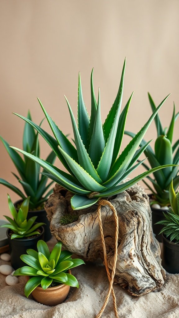 Aloe vera plant mounted in a piece of driftwood, showcasing a coastal aesthetic.