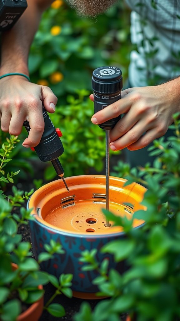 A person drilling drainage holes in the bottom of a colorful flower pot.