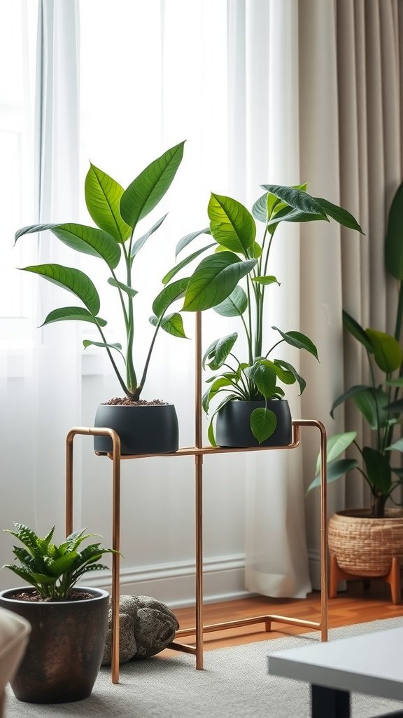 Elegant dual-planter metal stand with two green plants beside a window