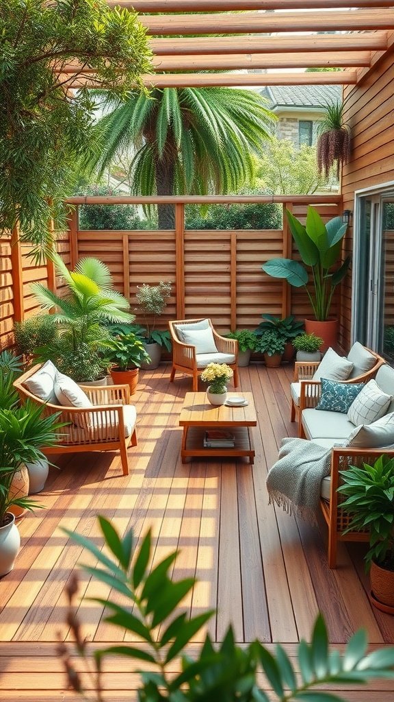 A cozy wooden deck with comfortable seating, surrounded by plants and shaded by a pergola.