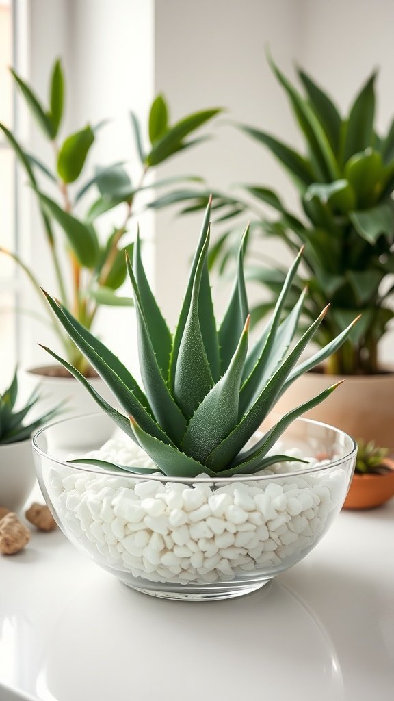 Aloe vera plant in a glass bowl filled with white pebbles, surrounded by greenery in a bright room.