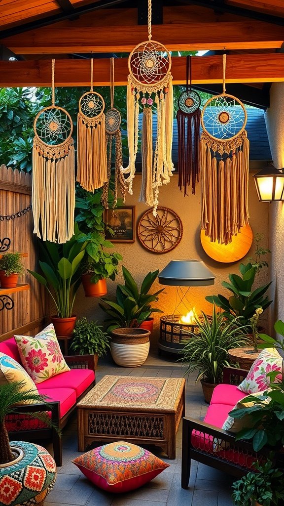 A cozy Boho patio featuring colorful cushions, dreamcatchers hanging from a pergola, and lush greenery.