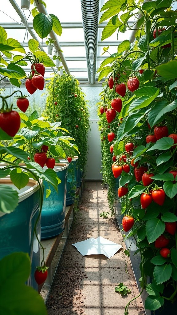 Aquaponics system with strawberries and tomatoes growing together in a greenhouse, showcasing vibrant plants and a lively atmosphere.