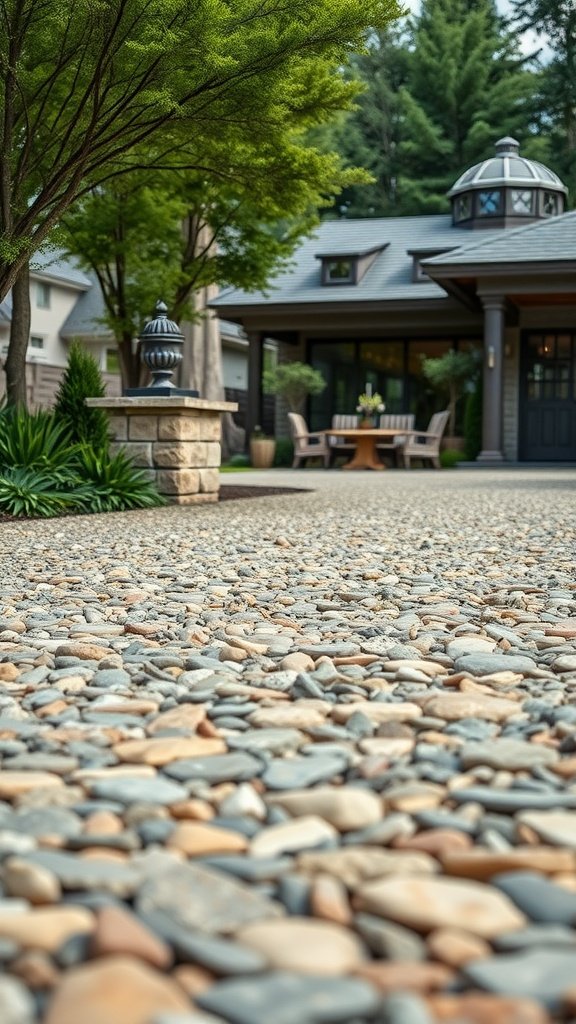 Exposed aggregate driveway showcasing a mix of natural stones with surrounding greenery.