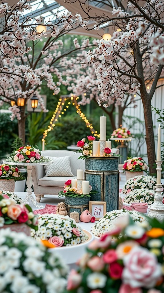 A cozy flower garden setting with pastel blooms, fairy lights, and decorative candles.