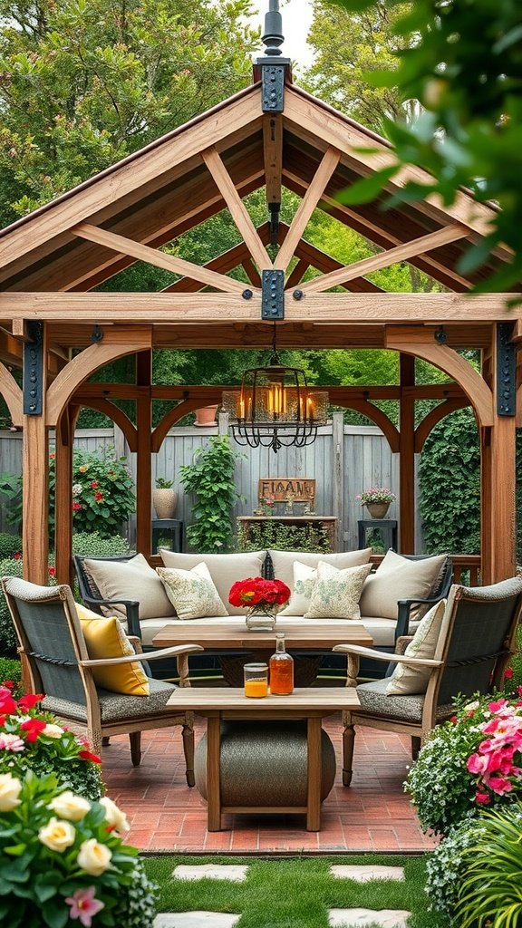 A beautiful farmhouse-style gazebo with wooden beams, a cozy seating arrangement, and colorful flowers in a backyard setting.