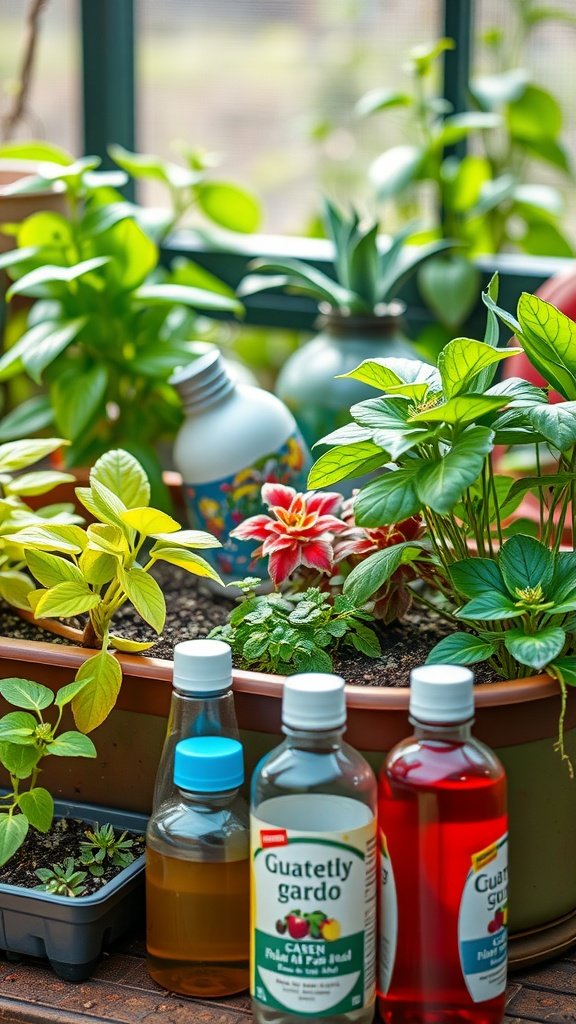 A collection of liquid plant fertilizers beside thriving container plants.