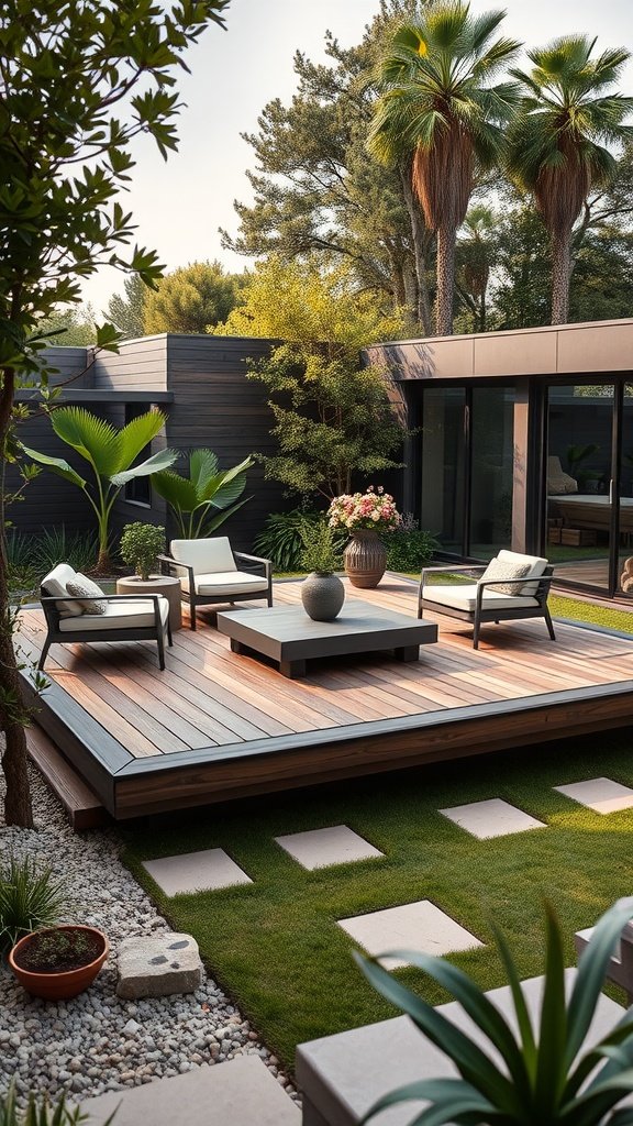 A modern ground-level floating deck surrounded by greenery, featuring comfortable seating and a low-profile design.