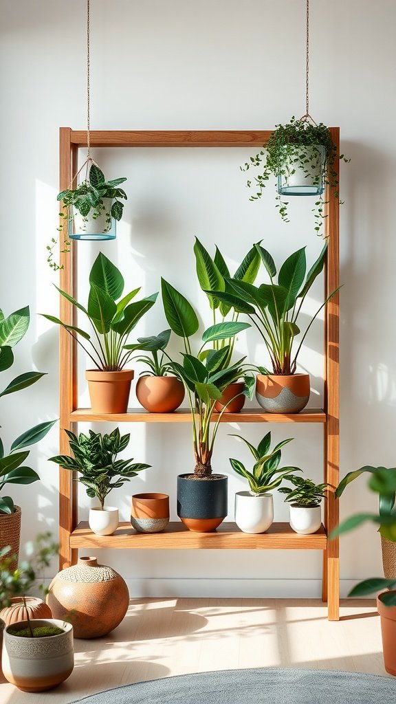 A wooden plant stand with a floating design, featuring various potted plants displayed on shelves with hanging pots above.