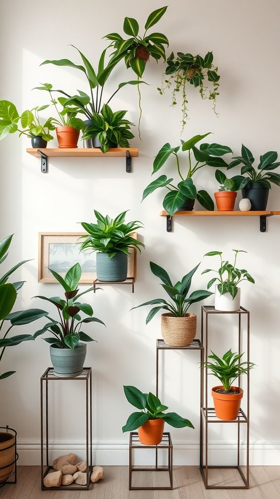 Metal plant stands and floating shelves with various plants arranged in a minimalist design.