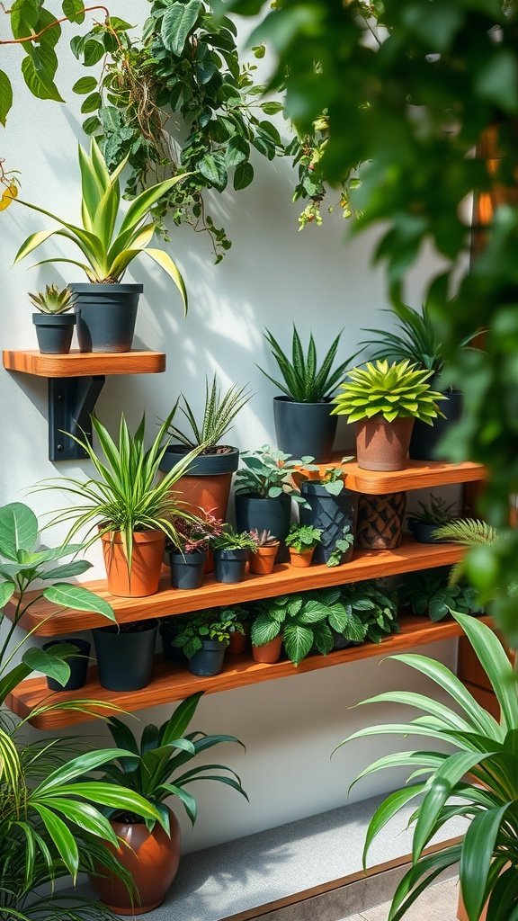 Floating wooden shelves with various potted plants arranged neatly in an outdoor setting.