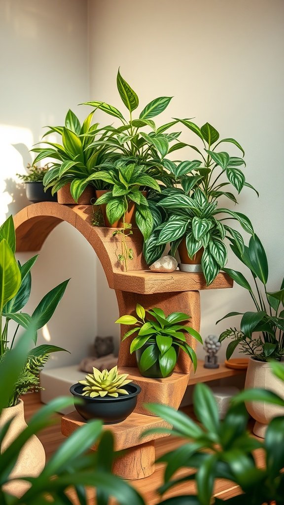 A stylish floating wooden plant staircase with lush green plants arranged in a tiered format.