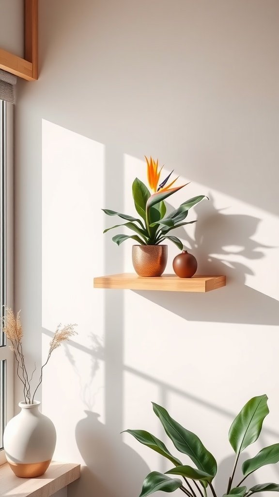 A floating wooden shelf displaying a Bird of Paradise plant beside a window.