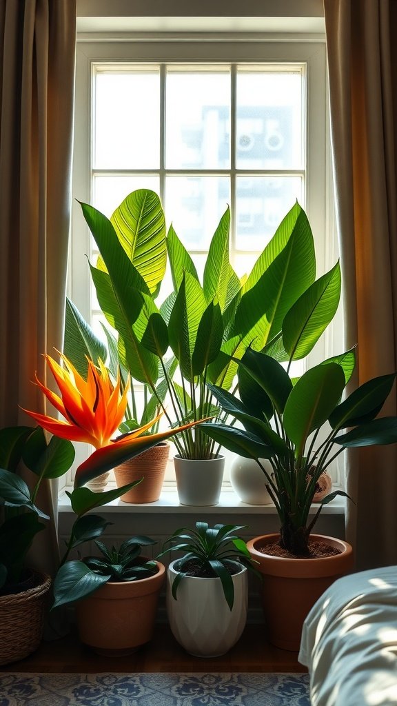 A bright and sunny window framed with lush greenery and a striking Bird of Paradise plant, creating a vibrant and inviting bedroom decor.