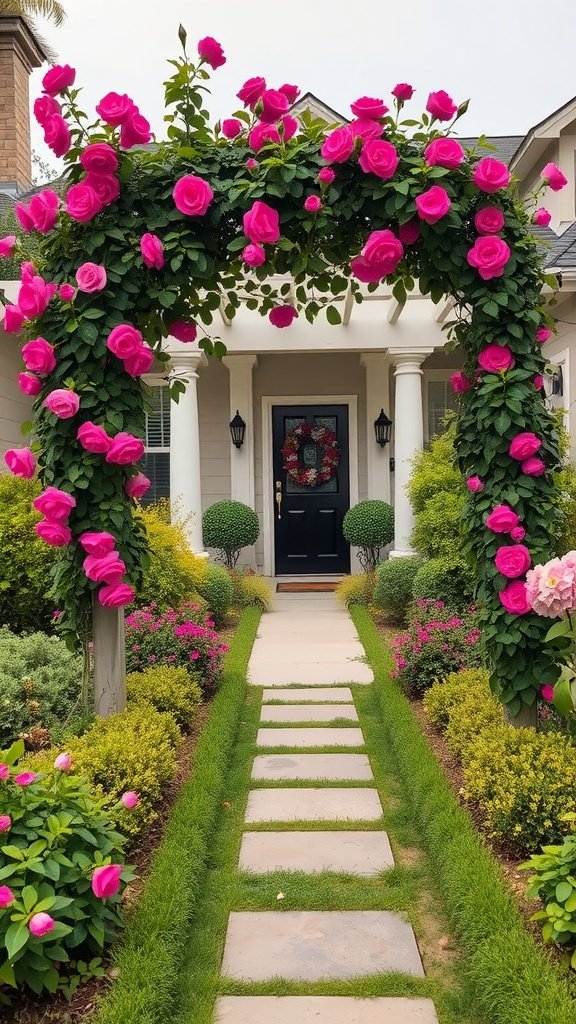 A beautiful archway covered in climbing roses, leading to a well-maintained front yard with green grass and potted plants.