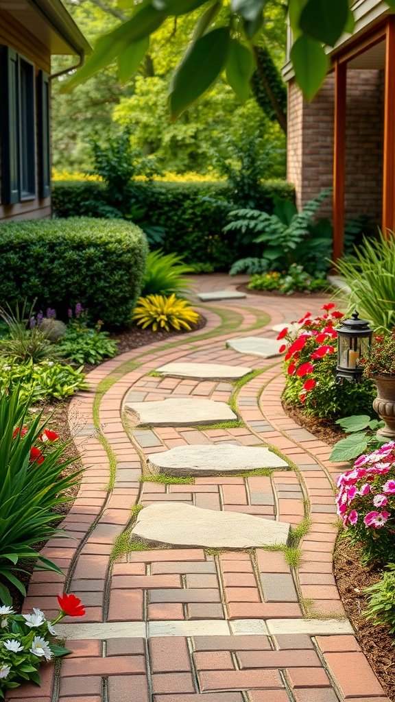 A picturesque landscape featuring a winding brick pathway with stepping stones, surrounded by vibrant flowers and trimmed hedges.