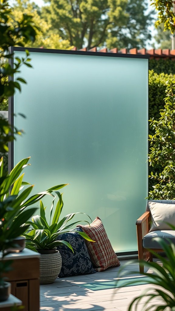 A frosted glass privacy fence surrounded by plants and comfortable seating, creating a serene outdoor space.